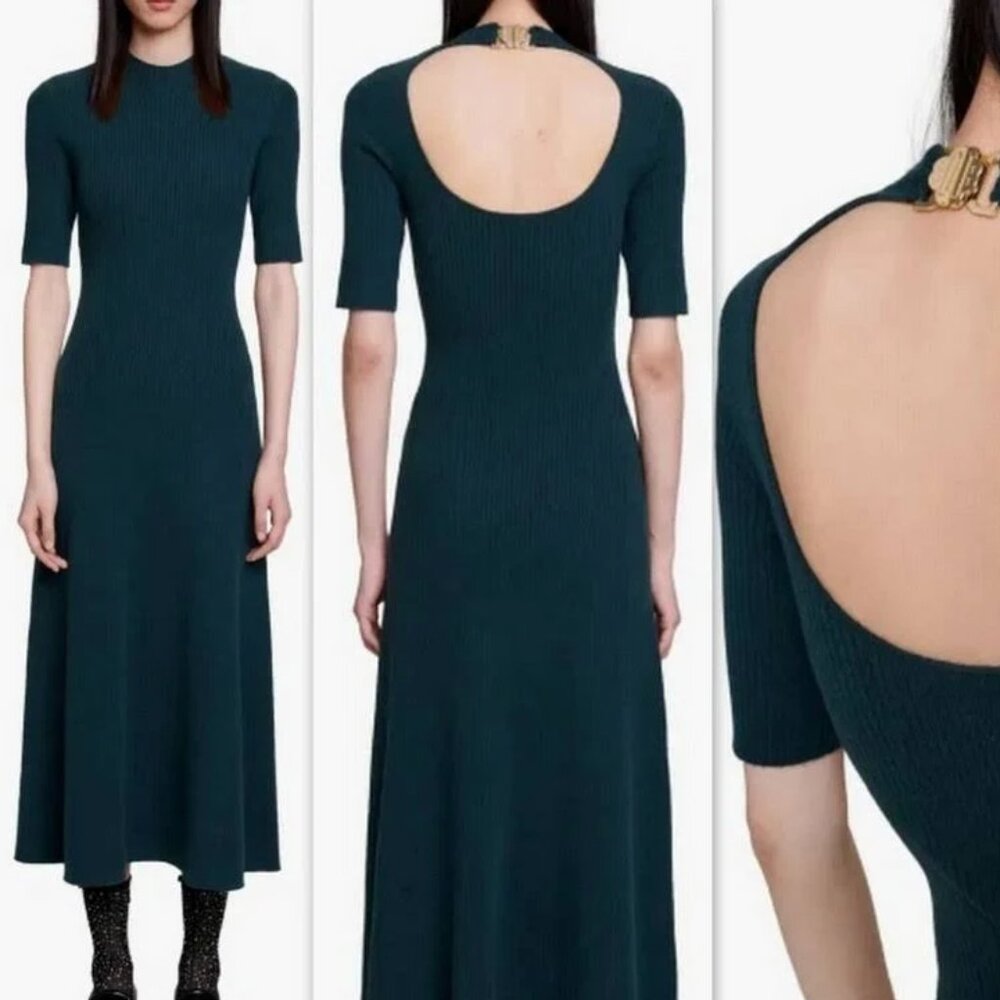 Maje deep green knit maxi dress with back cutout and gold neck clip, Size: 36